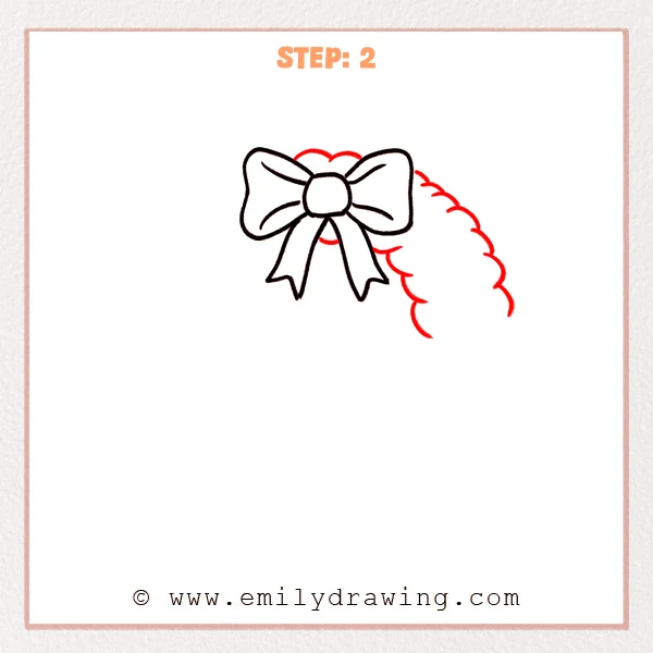 how to draw a christmas wreath - The bow is outlined, and a scalloped curve begins the outer edge of a Christmas wreath behind it on the right and top.